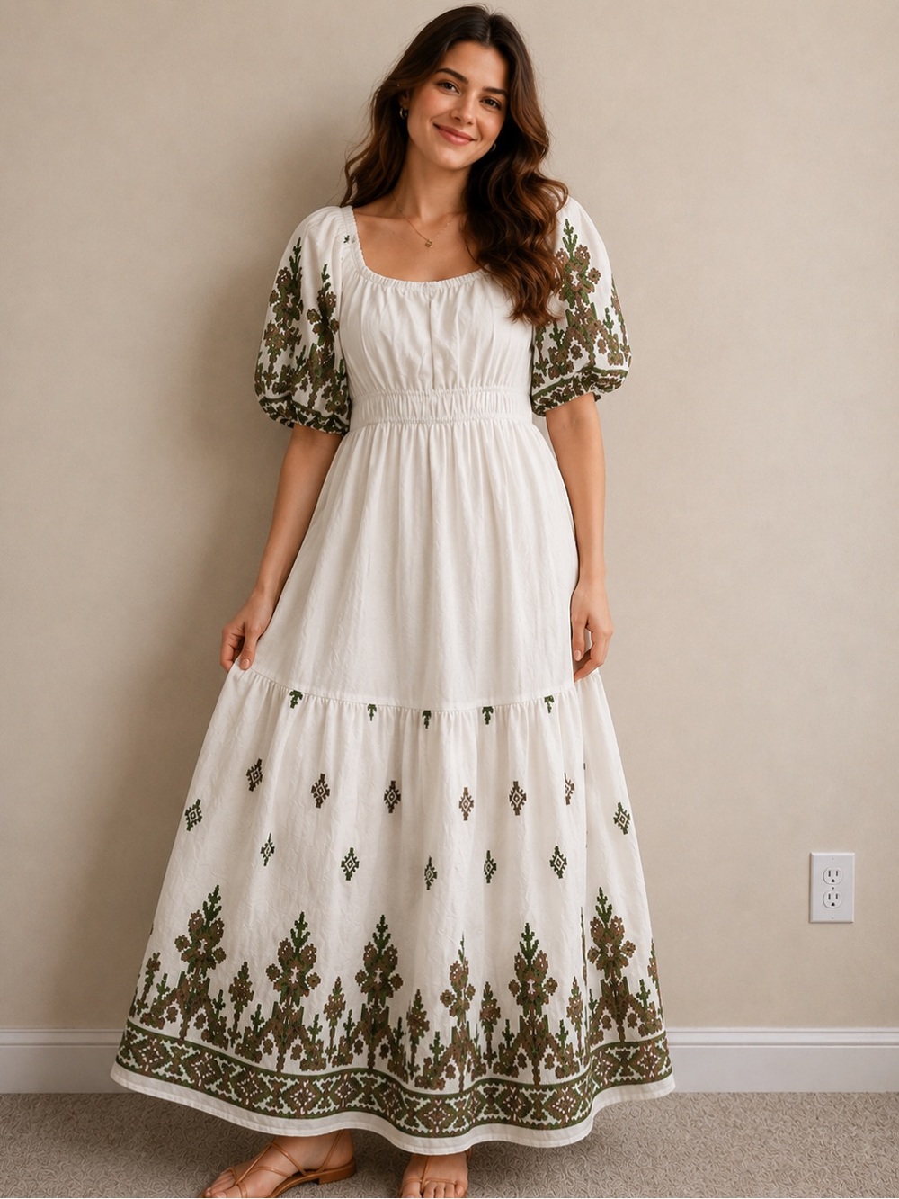 Polagram White Maxi Dress with Green Embroidered Puff Sleeves